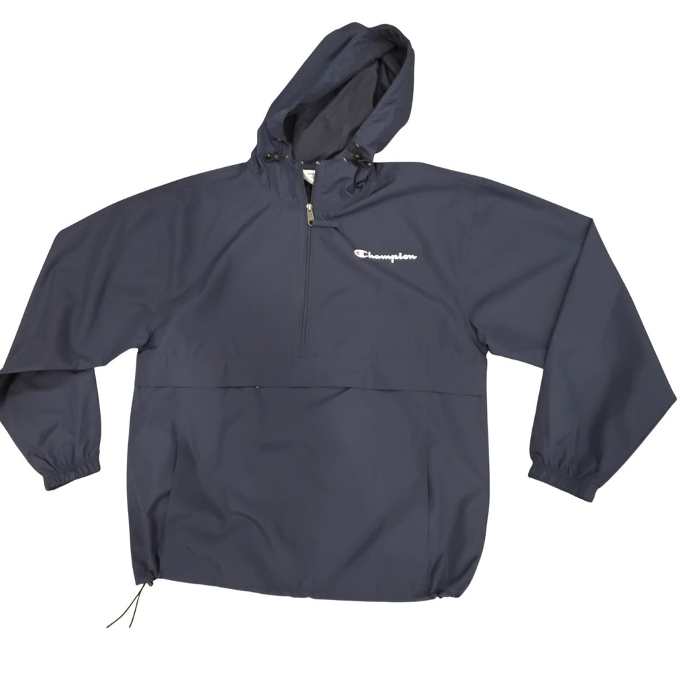 Champion Mens Quarter Zip Anorak Jacket Navy Blue Windbreaker Hooded Medium‎